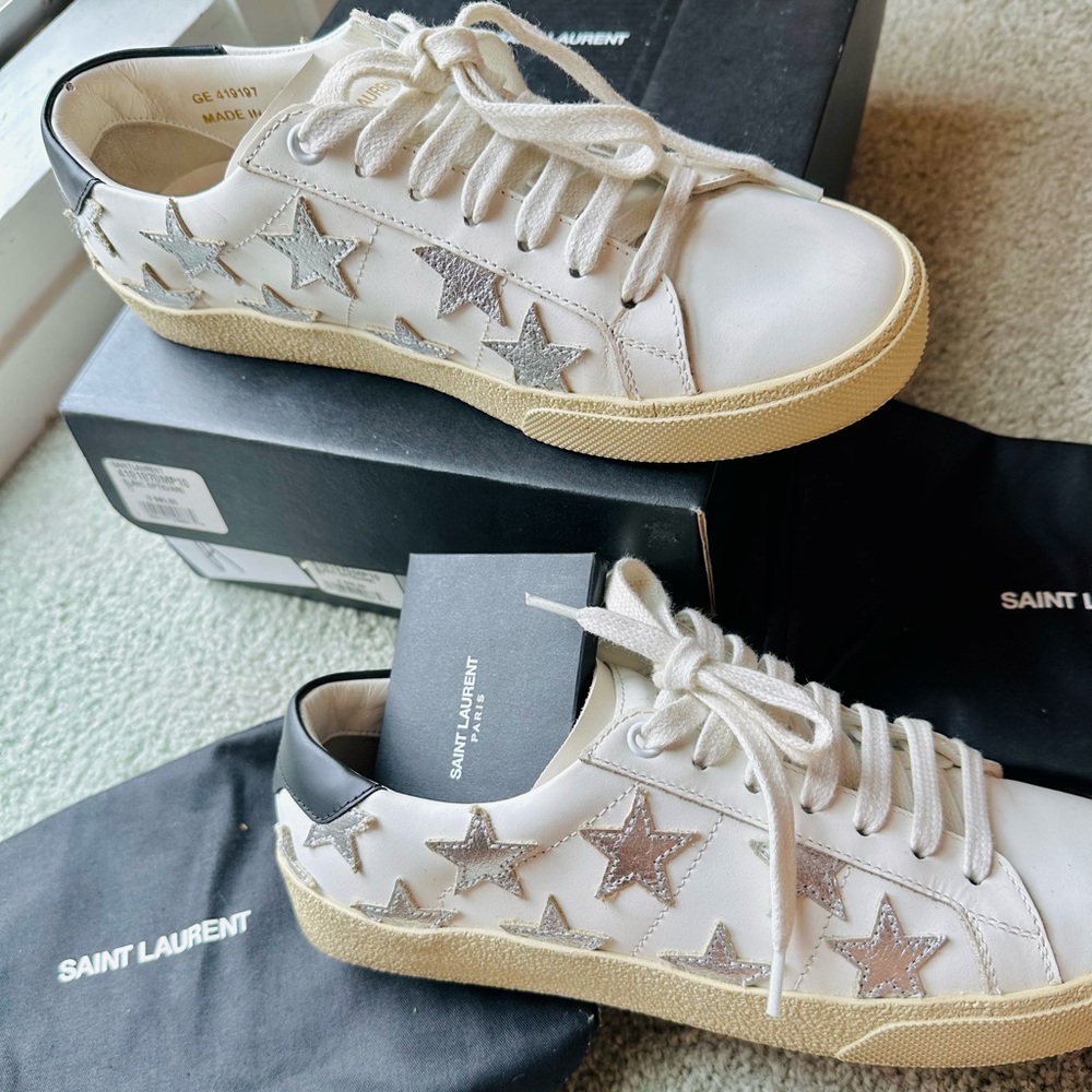Saint Laurent Stars White and Black Leather Shoes